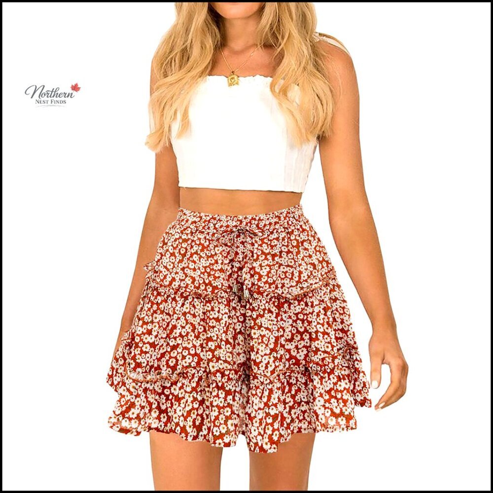 High Waist Ruffle Floral Print Mini Skirt, Elastic Waist, Summer Beach Skirt